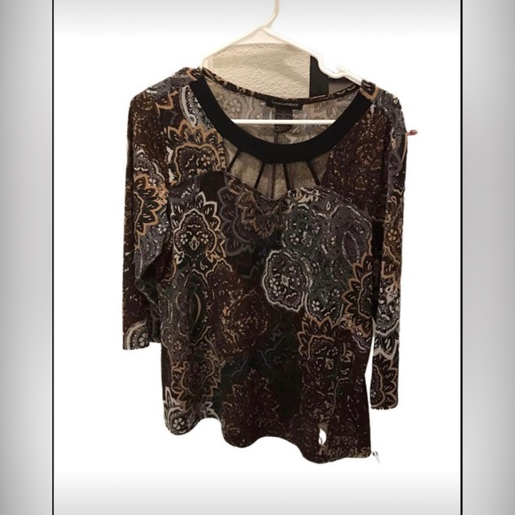 Susan Lawrence Brown/White/Gold Mandala Lace Patterned Top Size Large - Picture 1 of 3
